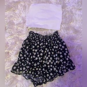 Black flower shorts and a white top outfit. Both clothing is from target.
